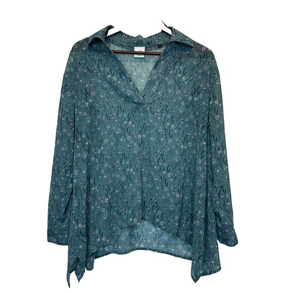 CABI XS Top Sheer Floral Teal Green Long Sleeve Oversized Fits Medium - Picture 1 of 10